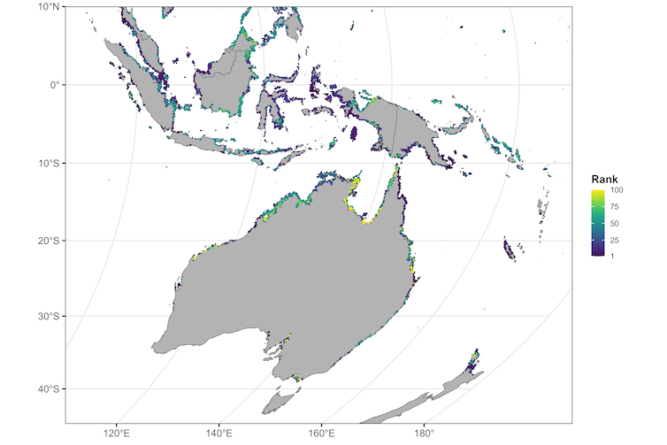 mangrove protection priority map showing Indonesia as a hotspot needing protection